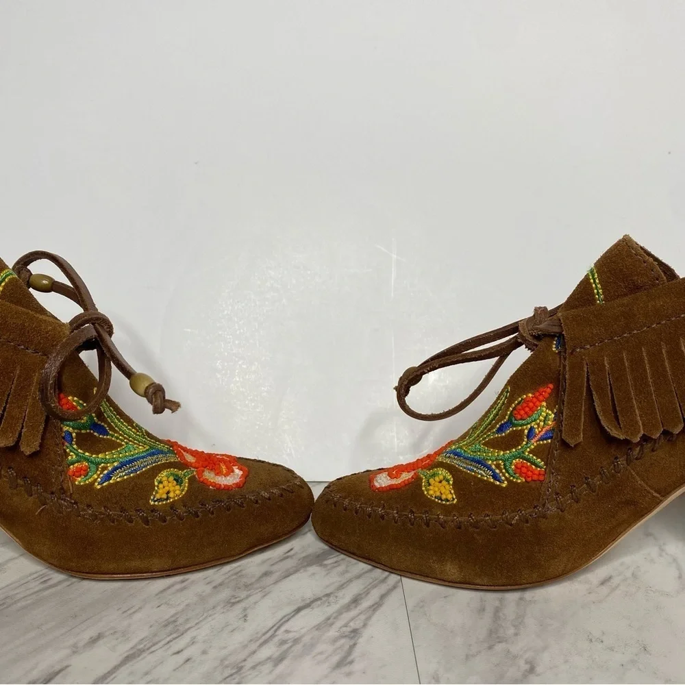 New! Tory Burch Huntington Fringe Brown Leather Heeled Bootie 6M